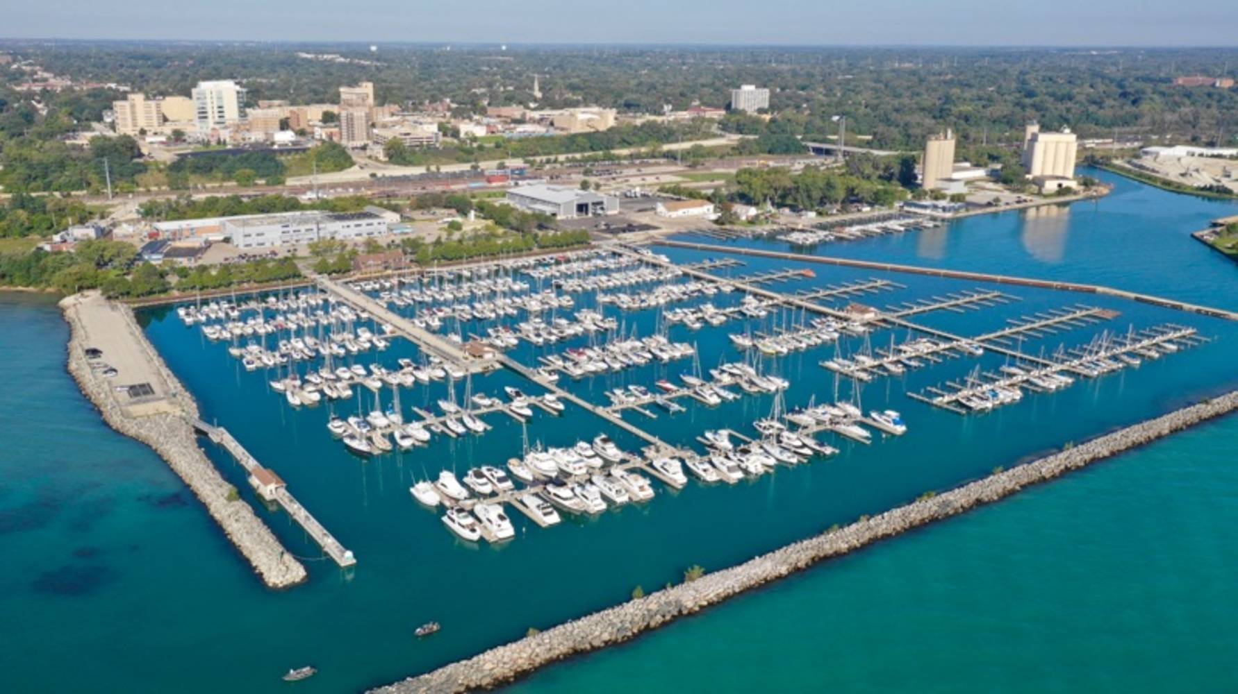 Pictured is an aerial view of Waukegan Harbor & Marina, Waukegan, IL.
